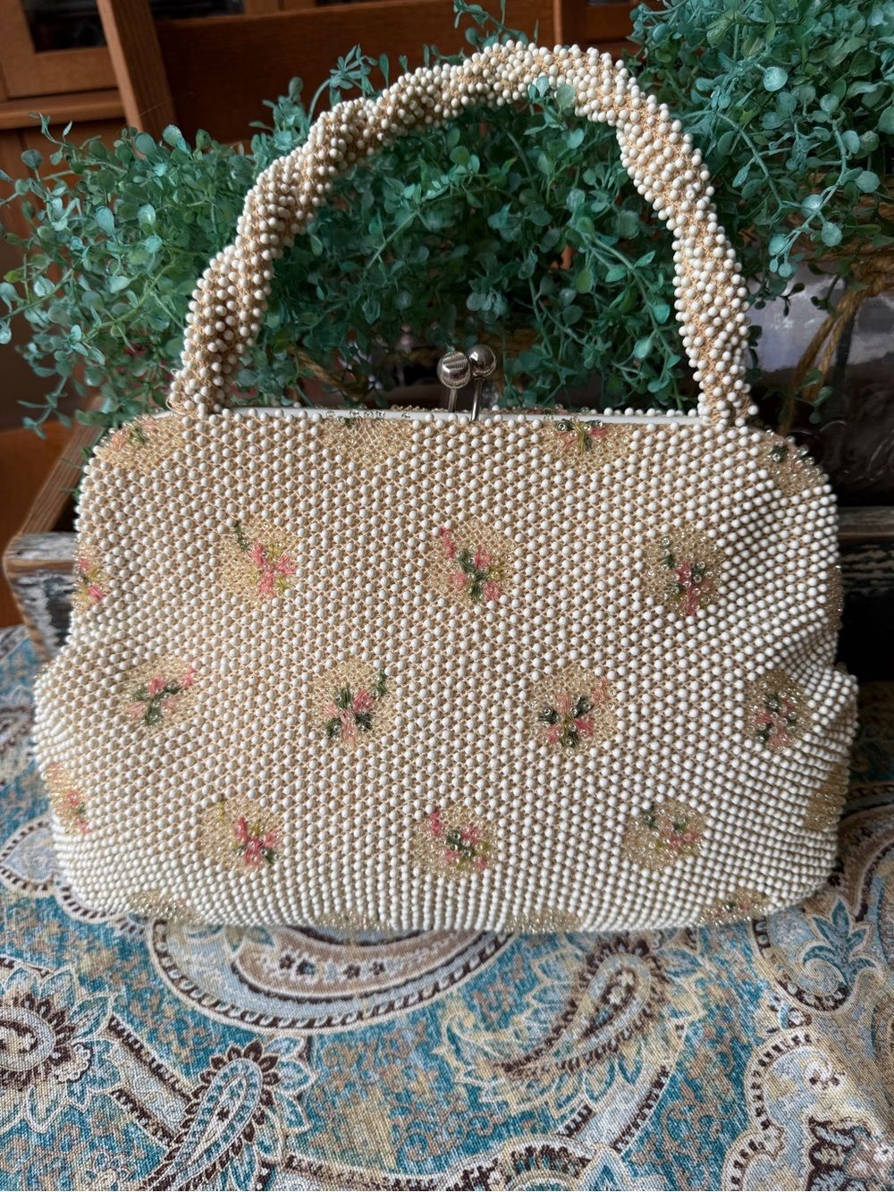 Corde' Bead By Lumured Floral Handbag Vintage Kiss Lock Divided Pearl Purse